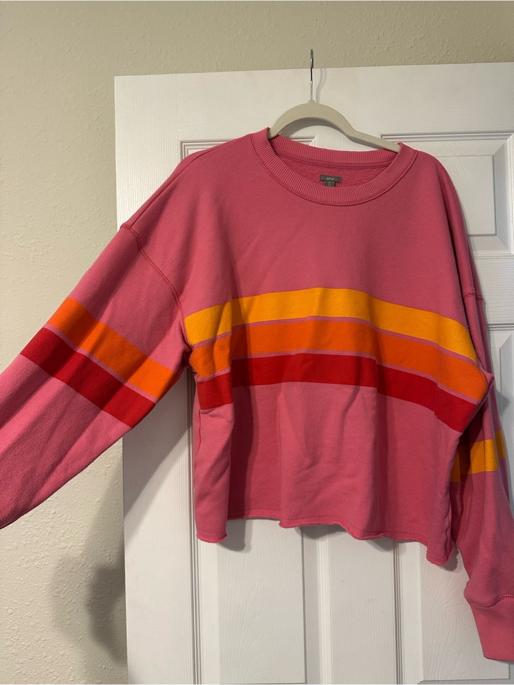 aerie Pink Crew Sweatshirt with Yellow and Red Stripe Accents - Picture 3 of 7